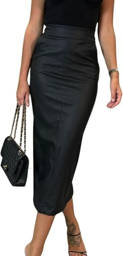 LLECDASEUI Gonna Lunga in Ecopelle da Donna Bodycon vita Alta Matita Sottile Controllo della Pancia Gonna Midi con Tasche (Nero,L)