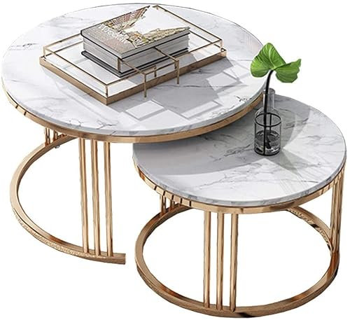 IUBGFTO Nordische runde Satztische, Couchtisch, Marmorplatte, Metallfuß, 2er-Set, für Wohnzimmer oder Lounge Wohnzimmer oder Lounge,Gold-D60+D45