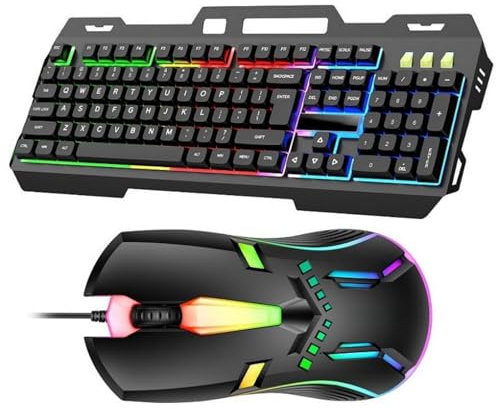 Combo Tastiera e Mouse Cablati, Set Tastiera e Mouse da Gioco Retroilluminati RGB, Tastiera Meccanica a 104 Tasti Full Size, Mouse Ottico da 1200 DPI, USB Plug and Play, per PC