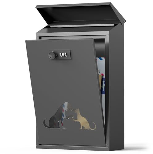 Post Boxes Wall Mounted Waterproof, Steel Mail Box Modern Delivery Letter Box for Outside with Combination Lock, Rain Cover, Viewing Windows, Lockable Large Letterbox, Black 40x25x10cm