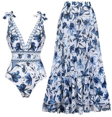 FLAXMAKER Blue and White Plant Prints Adjustable Shoulder Strip One Piece Swimsuit and Skirt/Sarong XL