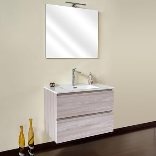 Yellowshop | Mobile Bagno Sospeso CLOE - Composizione Completa con Lavabo Ceramica e Specchio, Chiusura Soft Close, Finitura Olmo Perla (90 cm, Composizione Completa)