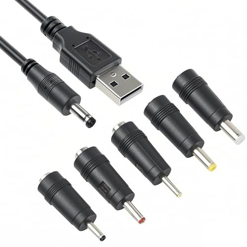 1M Universal USB to DC Charger Power Cable with 5 Connectors Multi Lead | Interchangeable jack barrel leads; multiple specification adapter tips; for electronic speaker routing monitor powerups