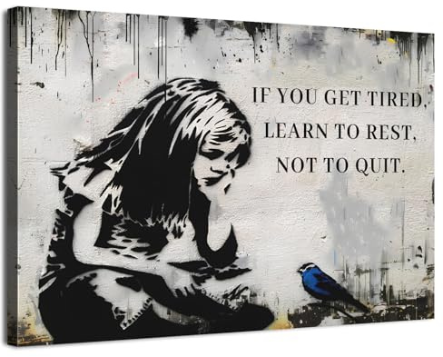 Banksy Canvas Wall Art Black and White Graffiti Street Pop Artwork Girl Canvas Prints Pictures If You Get Tired Learn to Rest Inspirational Quotes Wall Art for Living Room Bedroom Decorations 30x40cm