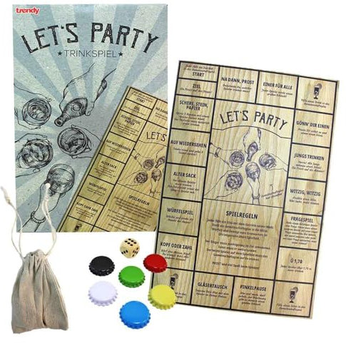 BEMIRO Trinkspiel „Let’s Party“ – Holz-Brettspiel – 43 x 29 cm – Mit 6 Kronkorken & Würfel – Perfekt für gesellige Runden