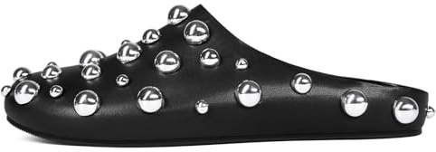 CAGLGLZ Studded Flat Mules for Women Sparkly Metallic Closed Round Toe Slippers Leather Slip On Backless Comfortable Clog Slides Fashion Casual Shoes(Black,8)