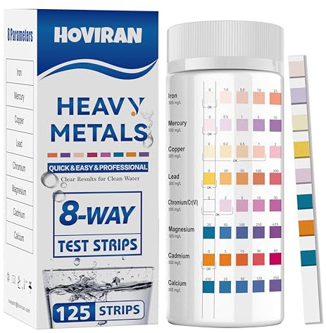 8 Way Heavy Metals Water Test Strips -125 ct Home, Well Drinking Water Testing Kit for Iron, Mercury, Copper, Lead, Chromium, Magnesium, Cadmium, Calcium