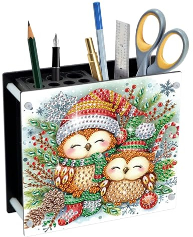 MVVMTOP Diamond Painting Pen Holder Kit Christmas Owl Theme Acrylic Desk Organizer DIY Diamond Art Special Shape Pencil Holder for Office Home Decoration Holiday Gift