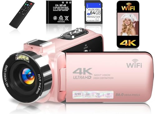 4K Video Camera Camcorder,UHD 56MP Camera Recorder,WiFi Vlogging Cameras for YouTube with IR Night Vision,18X Digital Zoom 3.0''Touch Screen Cam Corder with 64GB Card,Remote Control,Webcam,Pink