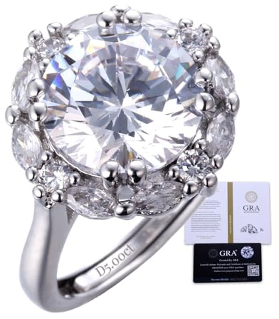 Halukakah Victoria: D5,0ct Rund Geschliffener Moissanit-Damenring, Labordiamant-Schmuck, Platinbeschichtetes 34,8% Sterlingsilber, Hypoallergenes Metall, Größenverstellbar, Luxuriöses Geschenk
