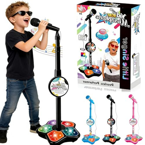Kids Star Microphone with Stand, 2026 New Microphone Toy with Music & Lights for Kids, Fun & Easy-to-Use Karaoke Toy for Boys and Girls Singing (Black)