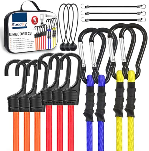 BungiFy Heavy Duty Bungee Cords with Hooks, 16-Piece Bungee Cord Set | Multi-Length, UV Resistant, Double Braided, Bungee Straps, Camping & Storage - Versatile Use, Durable & Weather-Resistant