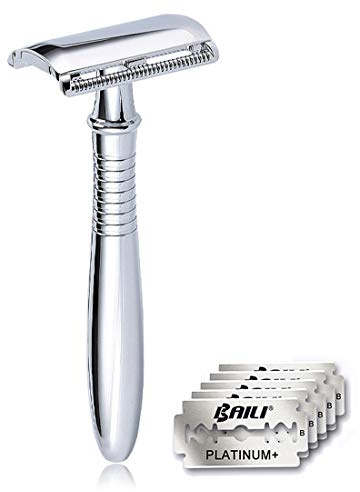 BAILI Classic 3-Piece Metal Double Edge Eco Safety Razor Long Handle Wet Shaving Kit for Men Women with 5 Platinum Blades BD191