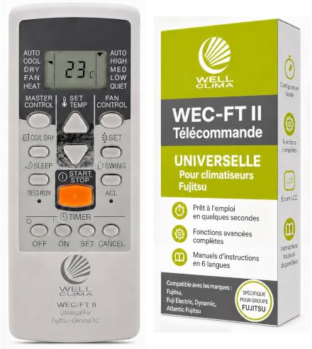 Wellclima Universelle Fernbedienung kompatibel mit Fujitsu Klimaanlage und Fuji Electric Inverter (Mod. WEC-FT II), mit 4 Geschwindigkeiten (Quiet + 3 Standard), In Sekundenschnelle Startklar