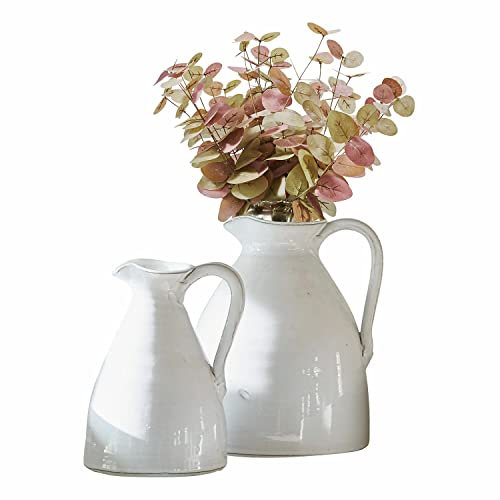 Loberon Krug 2er Set Yarick, unterschiedliche Größen, handgetöpfert, in Handarbeit lasiert, Blumenvase für Schnittblumen oder Trockenblumen, Terrakotta, weiß