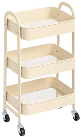 AGTEK 3 Tier Utility Rolling Cart with Lockable Wheels, Metal Multifunctional Storage, Organizer Cart for Kitchen, Office, Living Room, Makeup, Craft, Art Studio, Beige