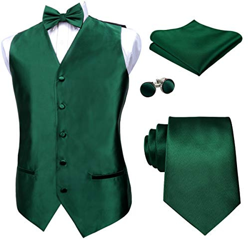 Alizeal Herren-Fliege, Satin, vorgebunden, 9 cm Krawatte, Einstecktuch, Manschettenknöpfe und Weste, Dunkelgrün, XL
