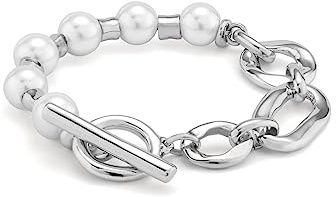 UNO de 50 Pulsera Bañada En Plata De Ley Con Combinación De Eslabones Y Perlas. Cierre De Aro Y Barra