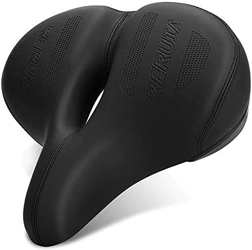 RERUIA Oversized Bike Seat Comfortable Saddle Dual Shock Absorbing Center Cutout Wide Large Exercise Bicycle Seat Leather Cover Waterproof Universal Fit for Men Women Seniors Outdoor Indoor Cycling