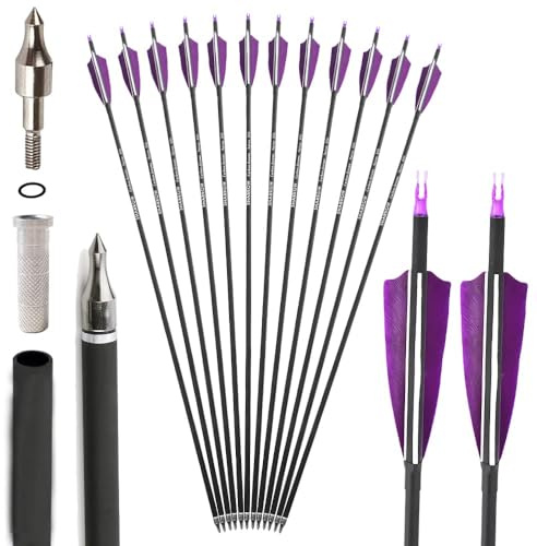 SHARROW 32 Zoll Carbon Pfeile für Bogenschießen Spine 500 Kohlenstoffpfeil Jagd Bogen Pfeile Jagdpfeile mit 4 Zoll Natürliche Federn für Pfeil Und Bogen Recurvebogen Compoundbogen