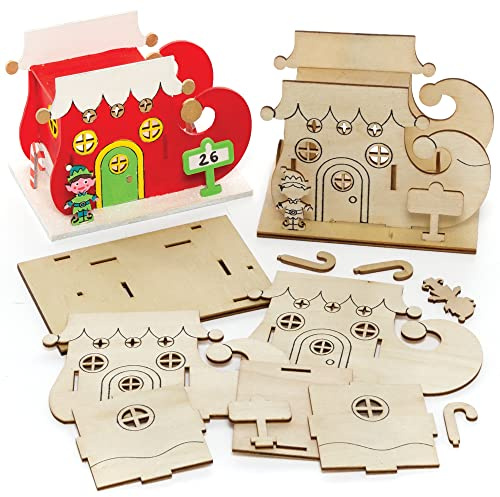 Baker Ross FE967 Elfenhaus Teelichthalter Bastelset aus Holz - 3er Pack, Holzteelichthalter für Kinder zum Basteln und Bemalen, Weihnachtsbastelsets