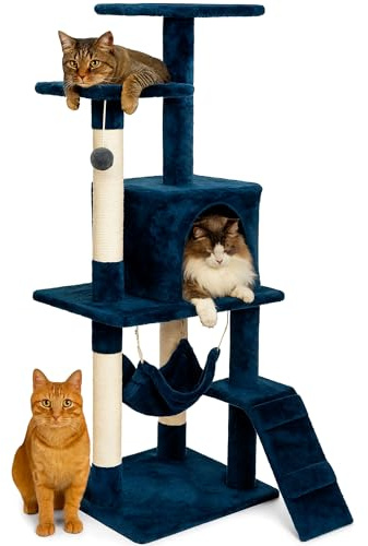 Edipets, Rascador para Gatos, Arbol Gato, 3 Niveles, 56x120x58cm, Alto, Postes de Sisal, Hamaca, con Cama, Caseta, Suave, con Bolas para Jugar (Azul)