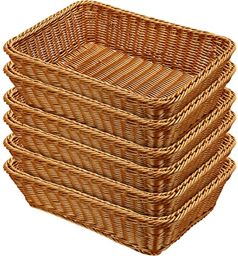 Eccliy 6 Pack Wicker Bread Baskets 15.8 Inch Woven Serving Basket for Gifts, Poly Wicker Storage Rectangle Rattan Display Trays for Bread Food Vegetables Fruit Snacks Tabletop Restaurant Home