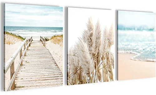 Novart Wandbilder Set Meer - KOMPLETT AUFHÄNGFERTIG - Wohnzimmer Schlafzimmer Deko - 3 Moderne Bilder Paradies Strand - N004835a