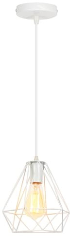 iDEGU Suspension Luminaire Moderne 20cm Éclairage de Plafond E27 Lustre Industriel en Métal Abat-jour Luminaire Design Cage Suspension Vintage pour Chambre Cuisine Café Restaurent (Blanc, 1 Lumière)