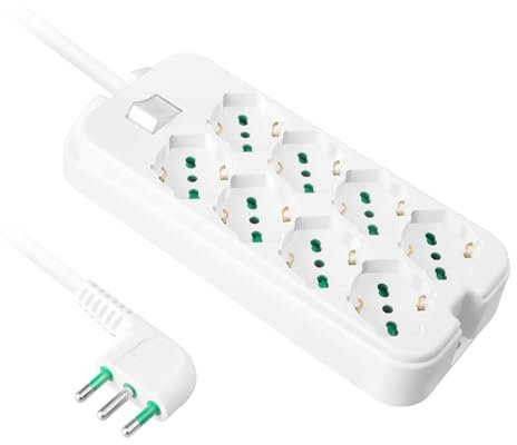 Ekon multipresa a ciabatta con 8 porte, per spine italiane, per prese schuko, spine europee, cavo da 1.5m, spina italiana 16A, interruttore luminoso, bianco