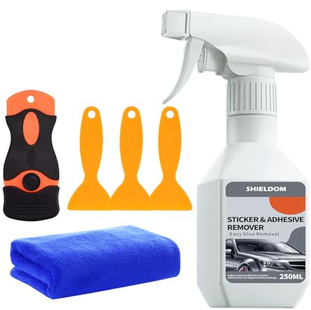 SHIELDOM Adhesive Remover Spray Surface Safe Sticker Removal Rapidly Removes Glue Remains Labels Decals Chewing Gum Residue Tape Remover Set of Plastic Razor Blade Scraper, 3X Spatula & Towel - 8.45oz