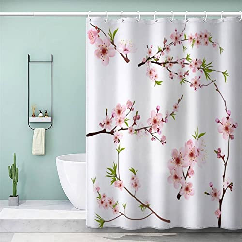 MEVASA Duschvorhang 240x200 Anti Schimmel 3D Motiv Lang Duschvorhang Sakura Blume Blumenzweige Duschvorhang Set mit 12 Ringe Extra Breit Duschvorhang Wasserdicht Waschbar