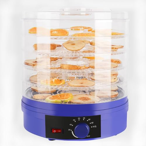 TT-YEC 350W Electric Food Dehydrator with 5 Removable Trays, Clear View Food Dryer, Easy to Adjust Thermostat, Suitable for Fruits, Vegetables, Mushrooms, Sausages,Blue