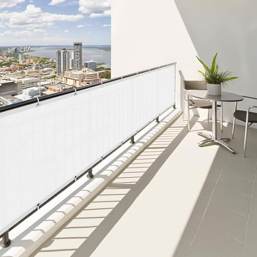 SUNNY GUARD Frangivisto Balcone 90x400cm Protezione Privacy,Protezione UV,Antivento e Impermeabile Copri Ringhiera Balcone per Giardino terrazza con Fascetta,Bianco
