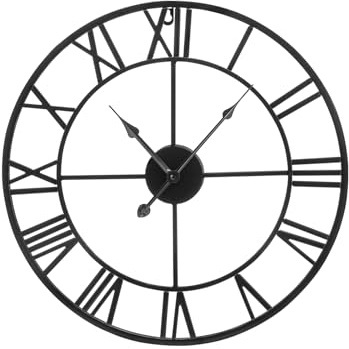 Shoze Large Wall Clock 47CM Metal Vintage Large Black Wall Clock Black | Round Silent Skeleton Roman Numerals Hanging Clock Battery Wall Clock for Living Room Bedroom Kitchen Hotel Office