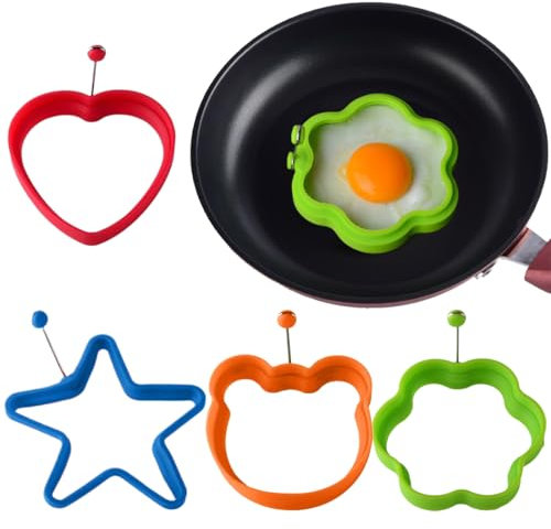 4 Pezzi Stampo Girare per Uova Fritte, Forma in silicone per uova in padella, Anelli per Uova Antiaderenti Riutilizzato,Stampo per Frittata Creativo per pancakes con manico protezione calore(4 stili)