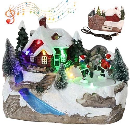 Case del villaggio di Natale con musica illuminata da musica con figurine rotanti e albero di Natale 6.3x5.5x4.1 Ornamenti natalizi per arredamento da tavolo da casa di Natale interno, villaggio dell