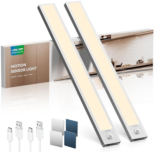 LROLTEF Schrankbeleuchtung Led Lampe mit Bewegungsmelder - 30cm 2200mAh 4000K Unterbauleuchte Küche Licht Aufladbar Magnetische mit USB & Sensor - Dimmbar Treppenlicht Schranklicht | 2 Stück