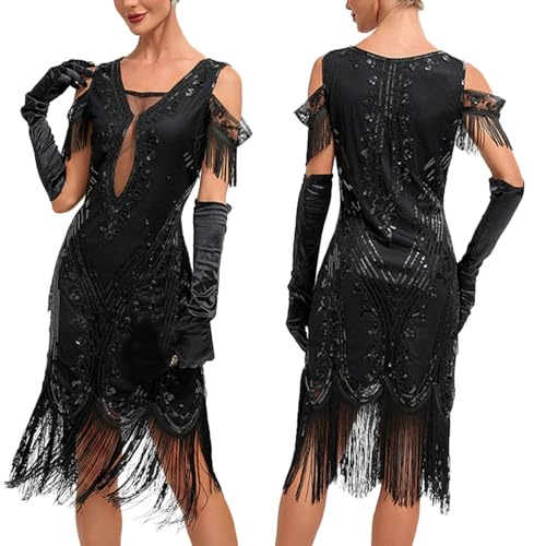 Pailletten Kleid Damen Damen 1920er Jahre V-Ausschnitt Pailletten Fransen Kleid Flapper Charleston Kleider Cocktailkleid Partykleid 20er Jahre Kostüm Abschlussballkleid Kleid Damen Elegant Lang S