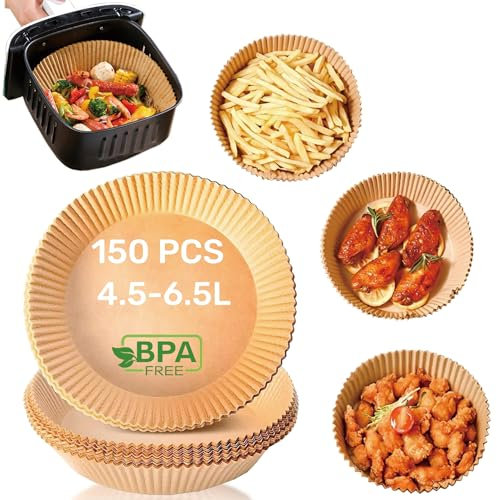 Oyadomi Backpapier für Heißluftfritteuse 150 Stück 4,5L-6,5L,Rund 20 cm,BPA-Frei Wasserdicht Ölfest Airfryer Backpapier, Einwegartikel Paper Zubehör für Ofen und Air Fryers