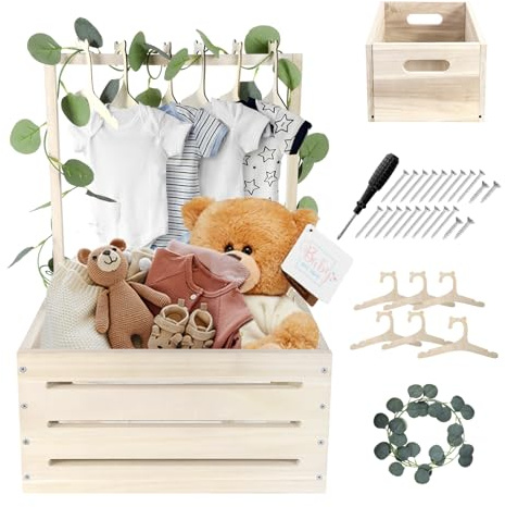 Umtiti Holz Geschenk Korb mit Griff, Kinder Kleiderbügel und Girlande, Aufbewahrungskorb, Dusche Kiste Schrank, personalisierte Korb für schwangere neue Eltern.Gift Basket-Wood-M-DE