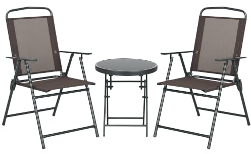 Outsunny Bistro-Set 3-TLG. Wetterfest Balkonmöbel Klappbar Metall Braun | Glastisch, Gartenstühle, Outdoor Sitzgruppe, Gartenmöbel Set, Balkonset, Gartengarnitur Gartenset