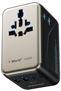 MOMAX Adattatore Universale da Viaggio 100 W, Presa Universale da Viaggio con 2 USB-C e 2 USB-A e 2 AC, 6-in-1 Adattatore da Viaggio Italia Inghilterra Germania America Australia e 224+ Paese