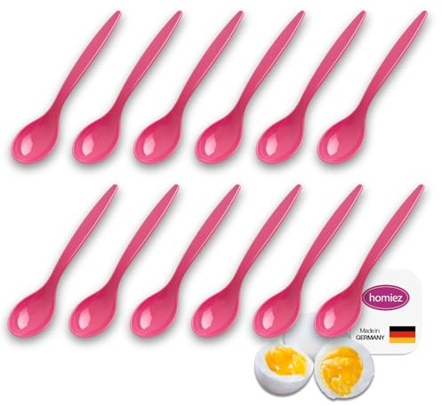 homiez Eierlöffel Kunststoff [12 Stück] - Auch geeignet als Eislöffel, Latte Macchiato Löffel oder Baby Löffel - Lange Plastiklöffel Wiederverwendbar - Servierlöffel, Teelöffel (Pink)