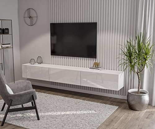HAJDUK FURNITURE Weiß TV Lowboard 270 cm Hängeschrank für Wohnwand Fernsehtisch Hochglanz Front MDF Fernsehschrank Kabelöffnung Push-to-Open