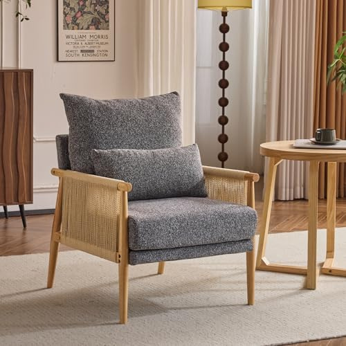 Bonnlo Rattan Accent Chair,Mid-Century Modern Armchair with Solid Wooden Armrest,Comfy Louge Chair with Waist Pillow, Boucle Chair for Bedroom,Living Room,Reading Room, Light Gray (Dark Grey)