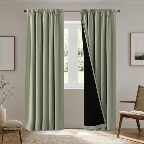 BellaHills 100% Blackout Curtains for Bedroom Thermal Insulated Curtains & Drapes for Living Room Black out Window Curtain with Hooks Pencil Pleat Back Tab Rod Pocket 2 Panels, W90 X L90, Light Sage