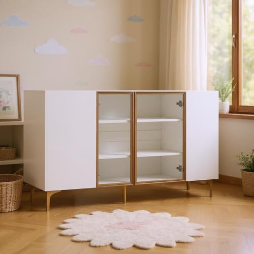 HOMYLIN Moderner Kinderschrank mit Glastüren und offenen Regalen, 150 cm breit, Organizer für Spielzeug und Kleidung, Weiß
