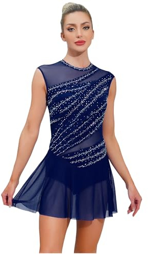 CHICTRY Abito da Pattinaggio Artistico sul Ghiaccio Donna Body Danza Balletto con Chiffon Gonna Leotards Danza Classica Strass Costume di Samba Rumba Salsa Blu scuro L