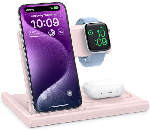 EXW Charging Station,3 in 1 Wireless Charger for iPhone 17/16/15/14/13Pro/12/11/XR/8, Fast Charger for Airpods Pro/3/2 and iWatch (Not Adapter,Pink)